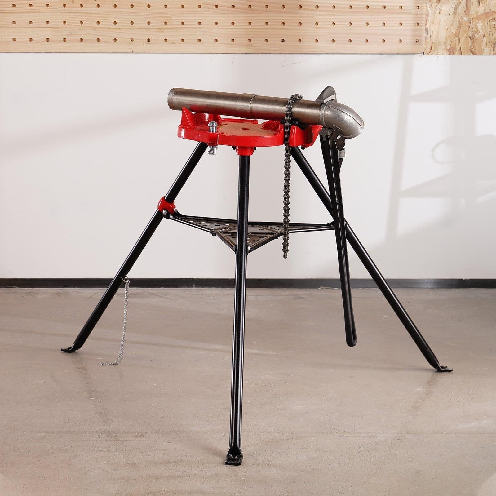 image-VEVOR 460-6 Tripod Pipe Chain Vise 1/8"-6" Capacity,Pipe Stand Portable Foldable Steel Legs,Pipe Jack Stands with Tool Tray, Tripod Stand Chain Vise Ideal for a Variety of Pipe Materials