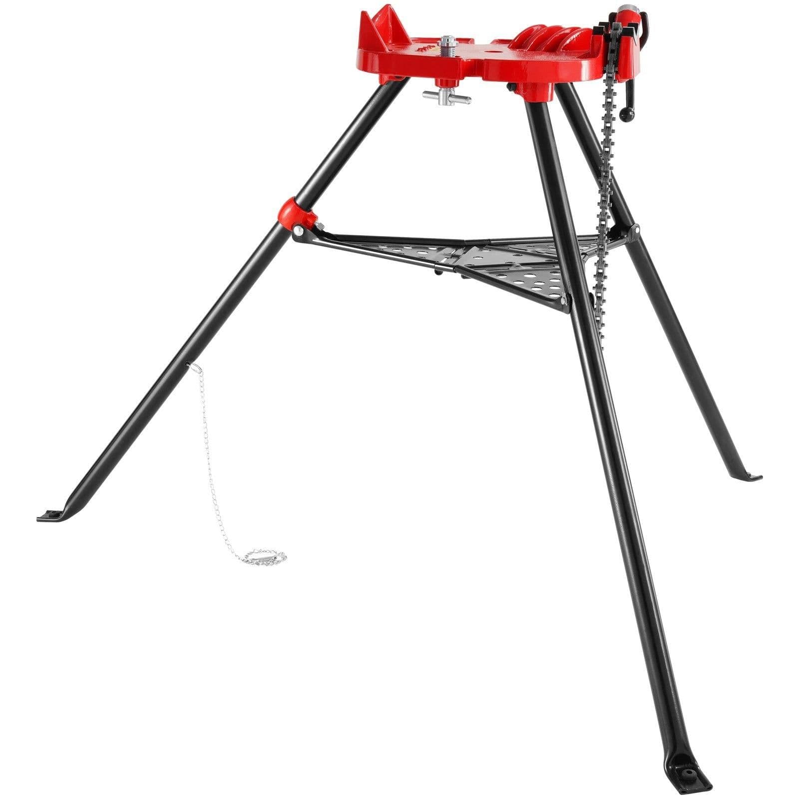 image-VEVOR 460-6 Tripod Pipe Chain Vise 1/8"-6" Capacity,Pipe Stand Portable Foldable Steel Legs,Pipe Jack Stands with Tool Tray, Tripod Stand Chain Vise Ideal for a Variety of Pipe Materials