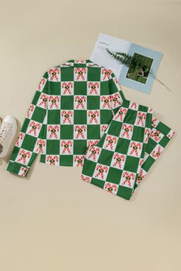 image-Green Holly Jolly Checkered Pattern 2pcs Long Pajama Set