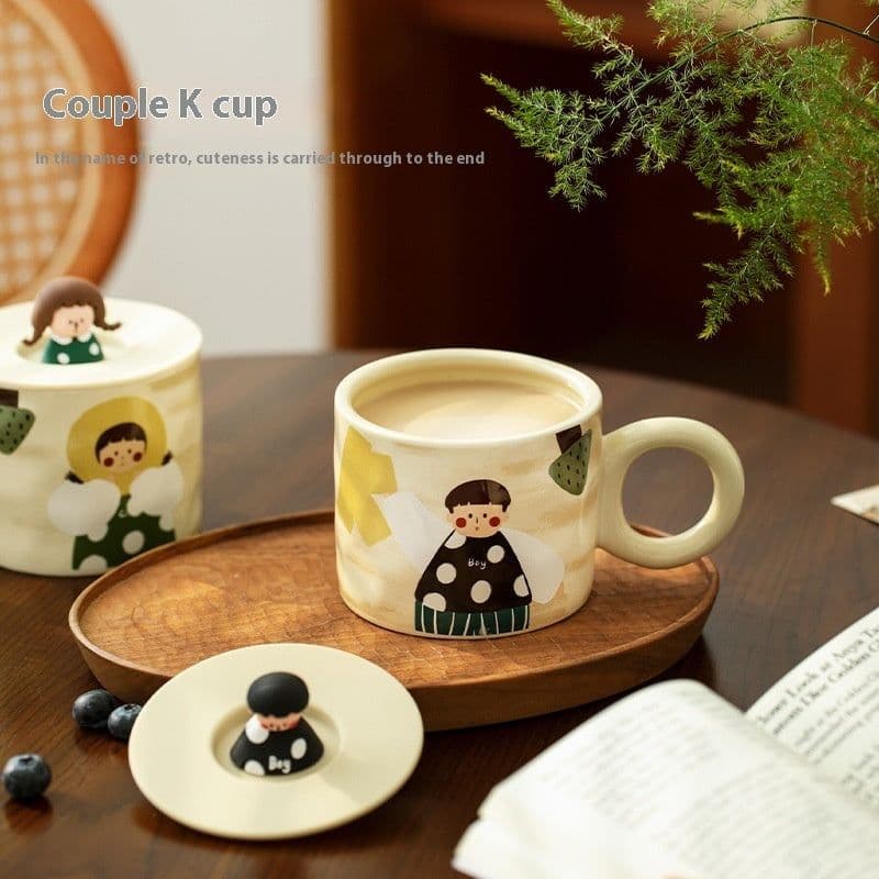 image-Retro Couple Water Cup Ceramic Cup Mug With Lid