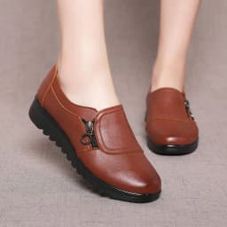 image-Women's Wedge Shoes - Brown Low Heel Casual PU Leather