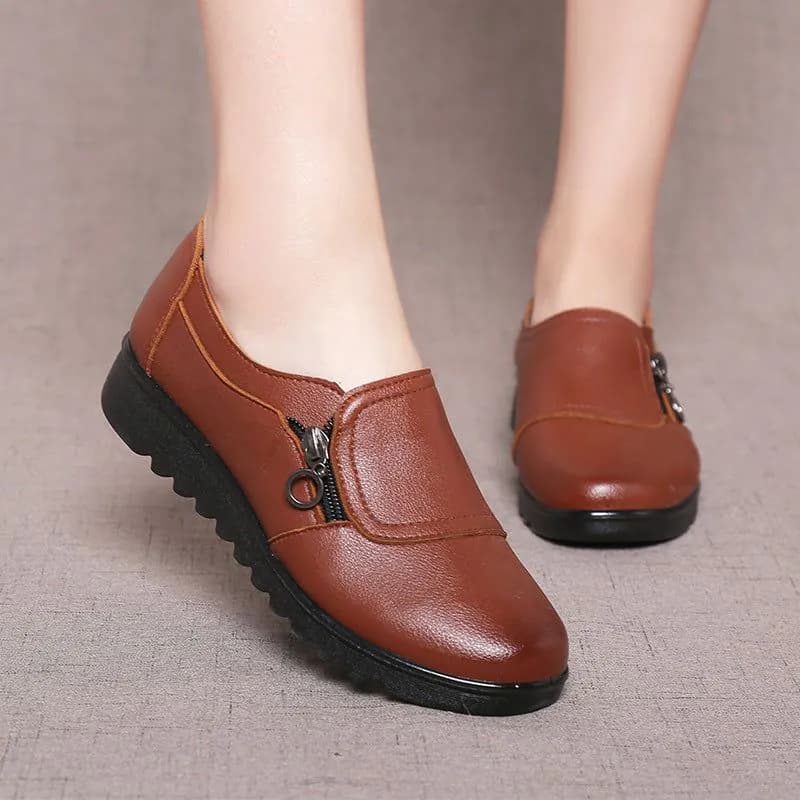 image-Women's Wedge Shoes - Brown Low Heel Casual PU Leather