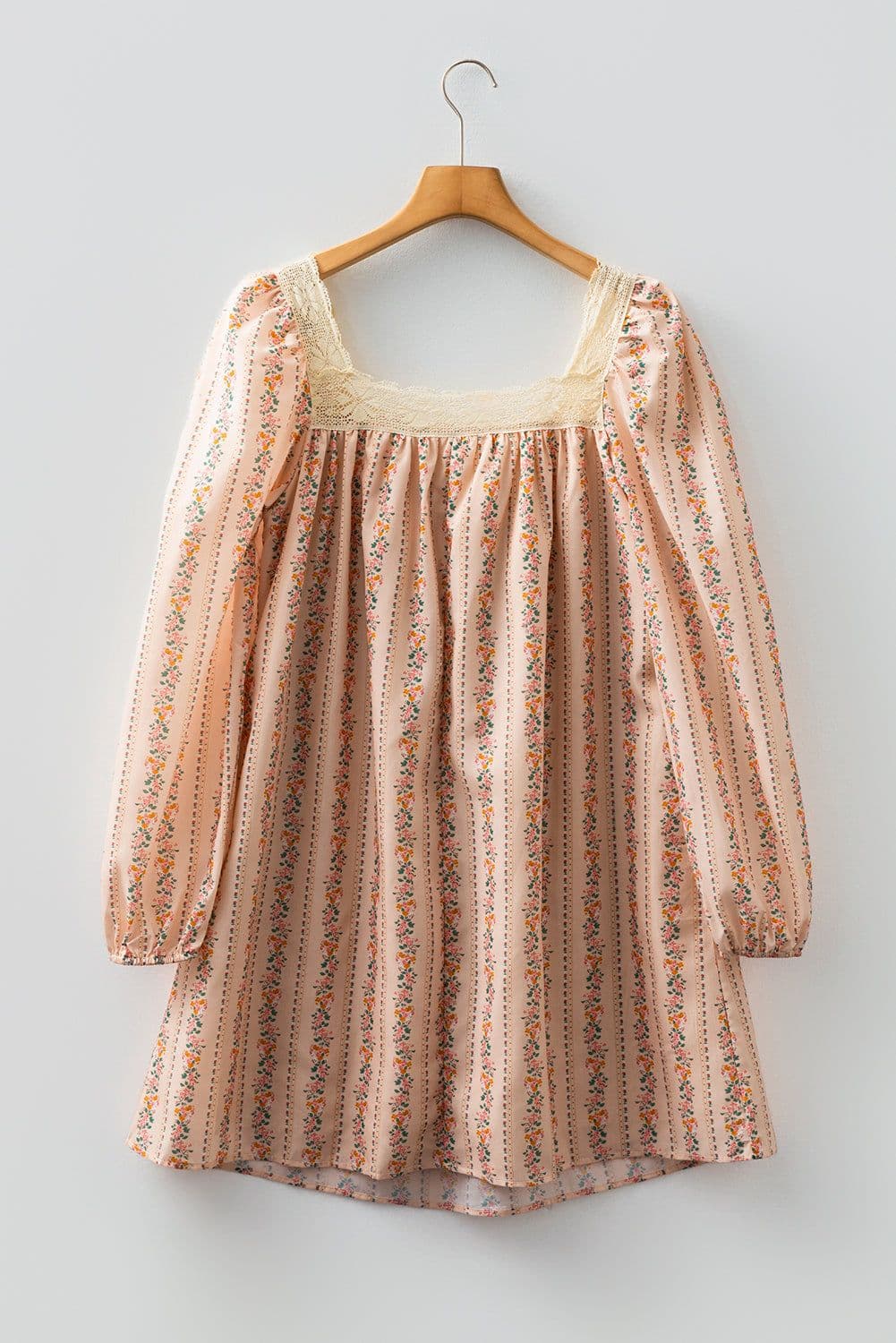 image-Khaki Floral Print Contrast Velvet Bow Lace Patchwork Long Sleeve Loose Mini Dress