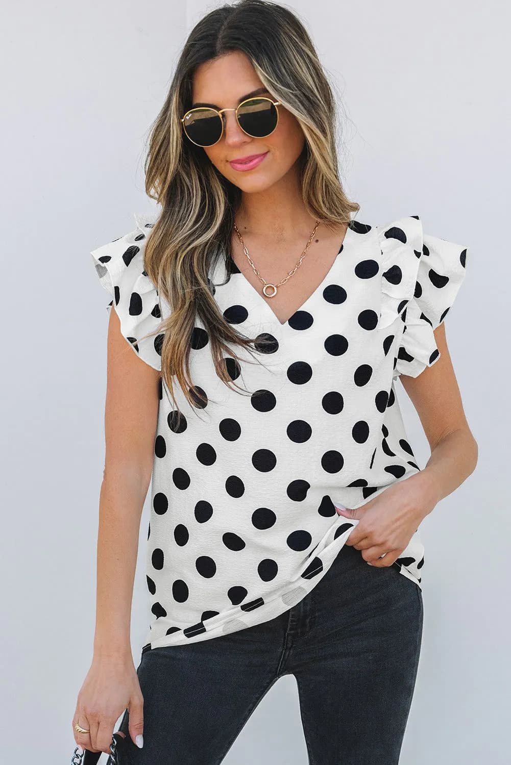 image-Polka Dot Ruffled Sleeve V-Neck Blouse - White