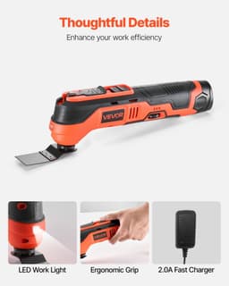 image-VEVOR Cordless Oscillating Tool, 12V Multitool Oscillating Saw Tool with 6 Variable Speeds 6000 - 17500 OPM, 3.2° Oscillation Angle, 2.0Ah Battery Pack & Charger, 8PCS Saw Accessories & LED Work Light
