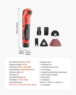image-VEVOR Cordless Oscillating Tool, 12V Multitool Oscillating Saw Tool with 6 Variable Speeds 6000 - 17500 OPM, 3.2° Oscillation Angle, 2.0Ah Battery Pack & Charger, 8PCS Saw Accessories & LED Work Light