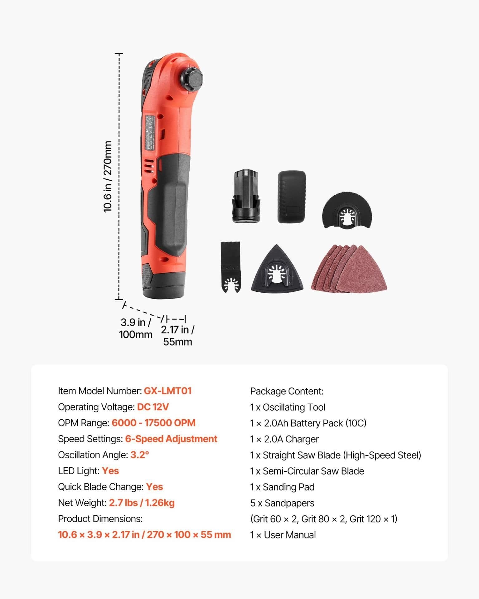 image-VEVOR Cordless Oscillating Tool, 12V Multitool Oscillating Saw Tool with 6 Variable Speeds 6000 - 17500 OPM, 3.2° Oscillation Angle, 2.0Ah Battery Pack & Charger, 8PCS Saw Accessories & LED Work Light