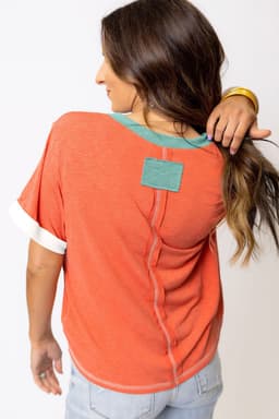 image-Contrast Trim V-Neck T-shirt - Grapefruit Orange