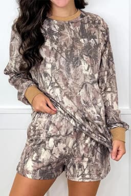 image-Khaki Woodland Camo Print Long Sleeve Top Casual Short Set