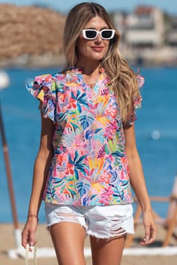 image-Pink Tropical Floral Blouse - Frilly Notched Neck