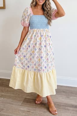 image-Floral Patchwork Long Dress - Square Neck Smocked Bodice