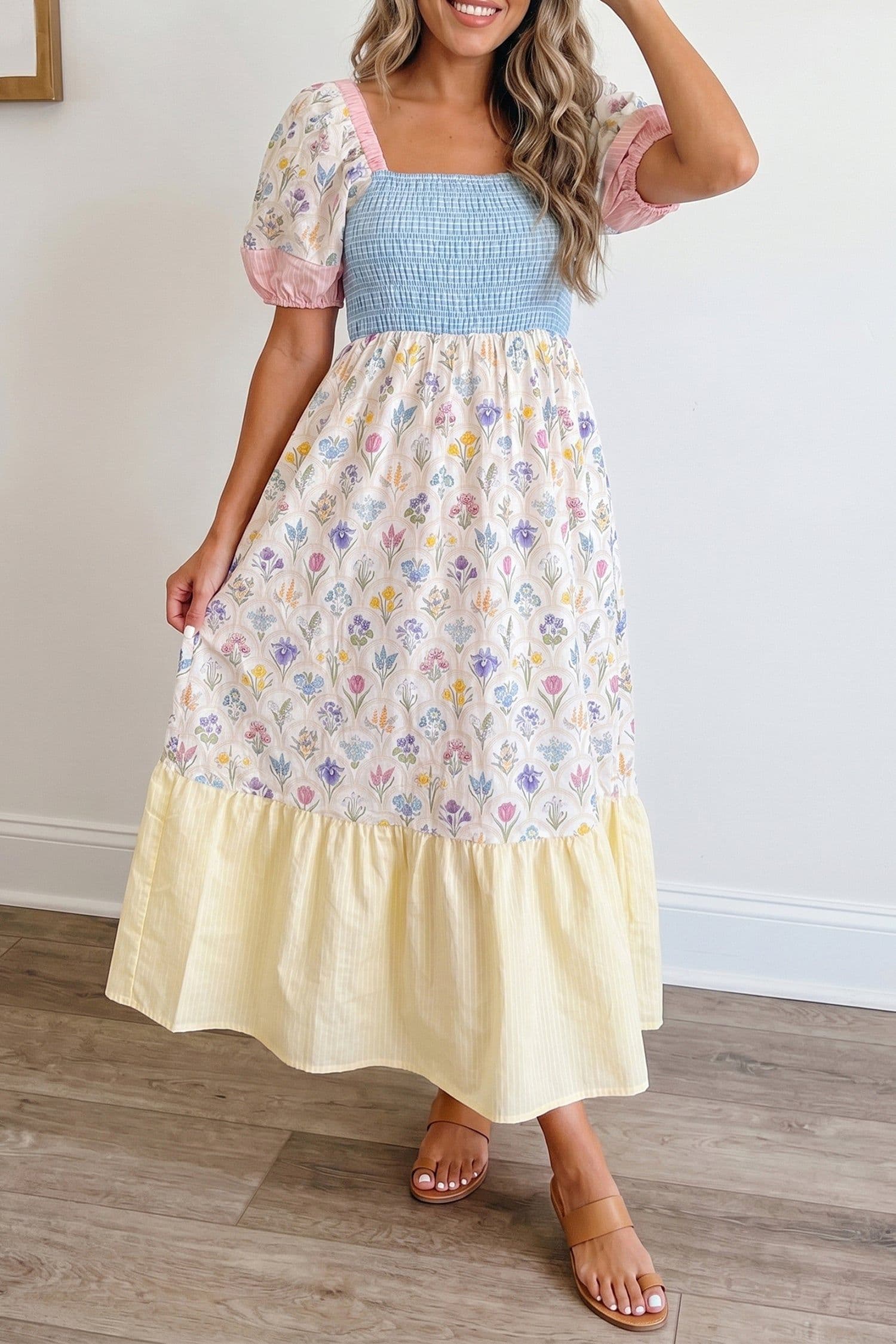 image-Floral Patchwork Long Dress - Square Neck Smocked Bodice
