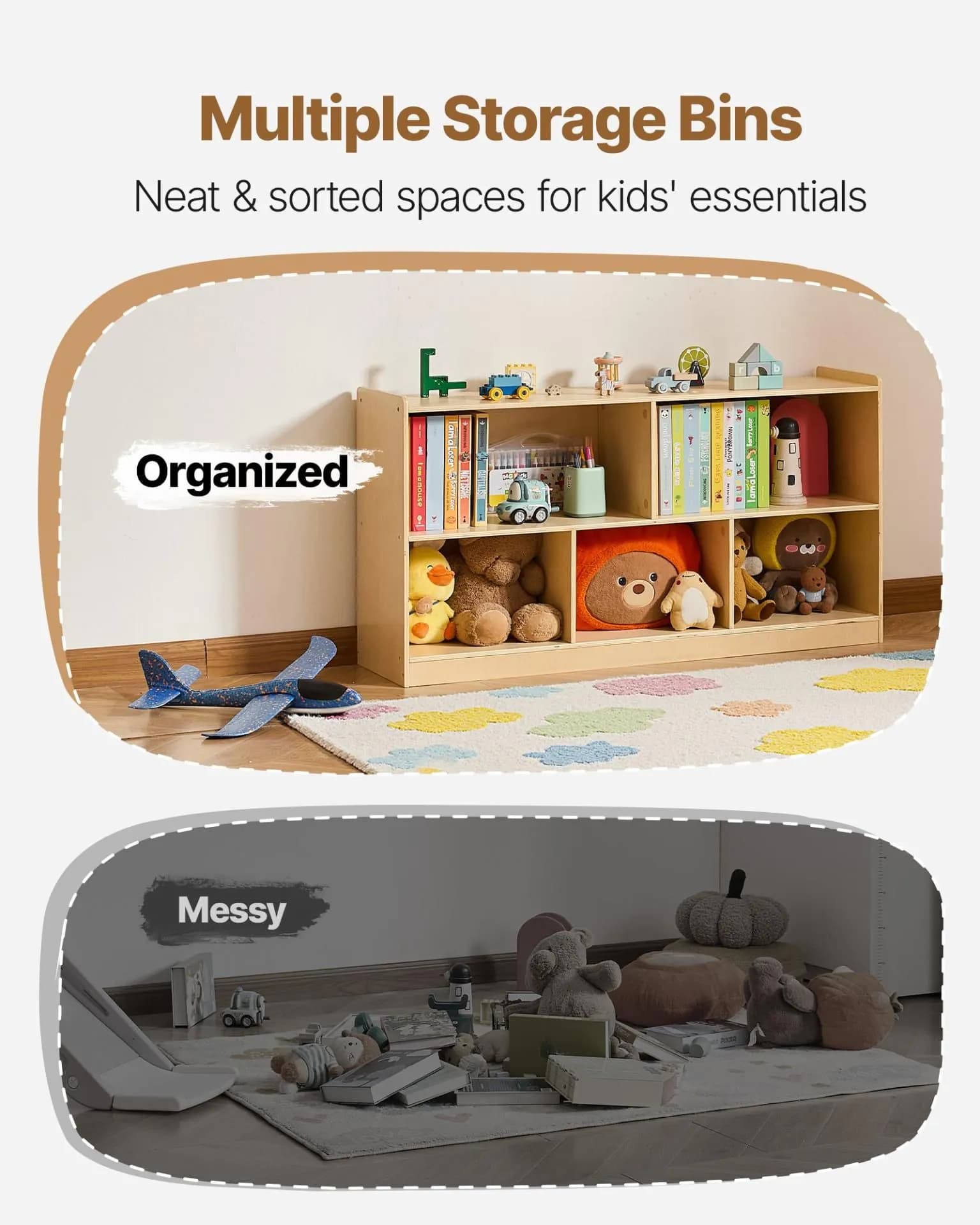 image-VEVOR Montessori Bookshelf, 45 in Width Toy Storage Organizer, 5-Section Kids Display Storage Cabinet, Daycare Furniture, Kids Bookshelf for Bedroom, Nursery, Living Room, Entryway, Preschool, Brown
