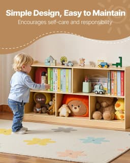 image-VEVOR Montessori Bookshelf, 45 in Width Toy Storage Organizer, 5-Section Kids Display Storage Cabinet, Daycare Furniture, Kids Bookshelf for Bedroom, Nursery, Living Room, Entryway, Preschool, Brown