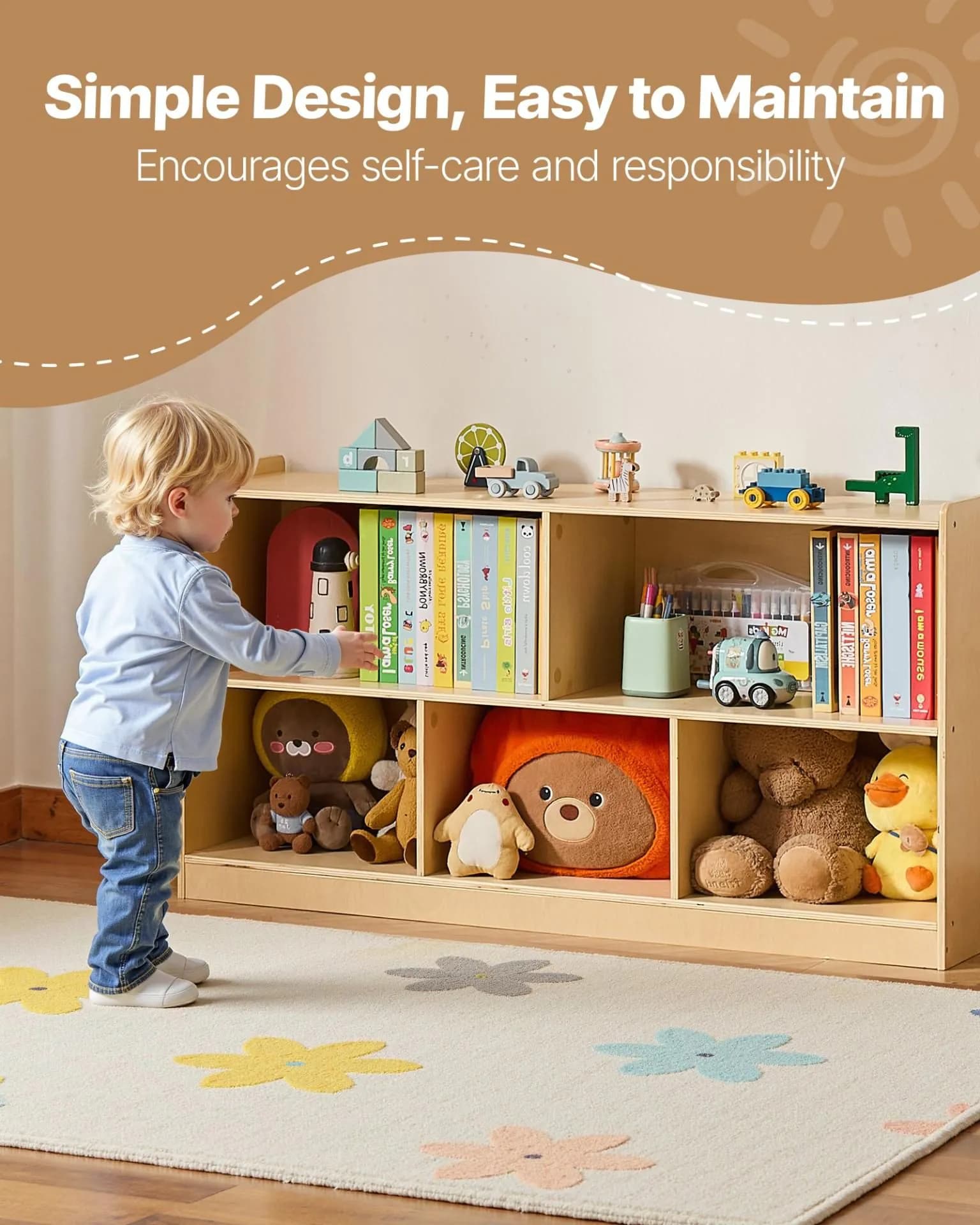 image-VEVOR Montessori Bookshelf, 45 in Width Toy Storage Organizer, 5-Section Kids Display Storage Cabinet, Daycare Furniture, Kids Bookshelf for Bedroom, Nursery, Living Room, Entryway, Preschool, Brown
