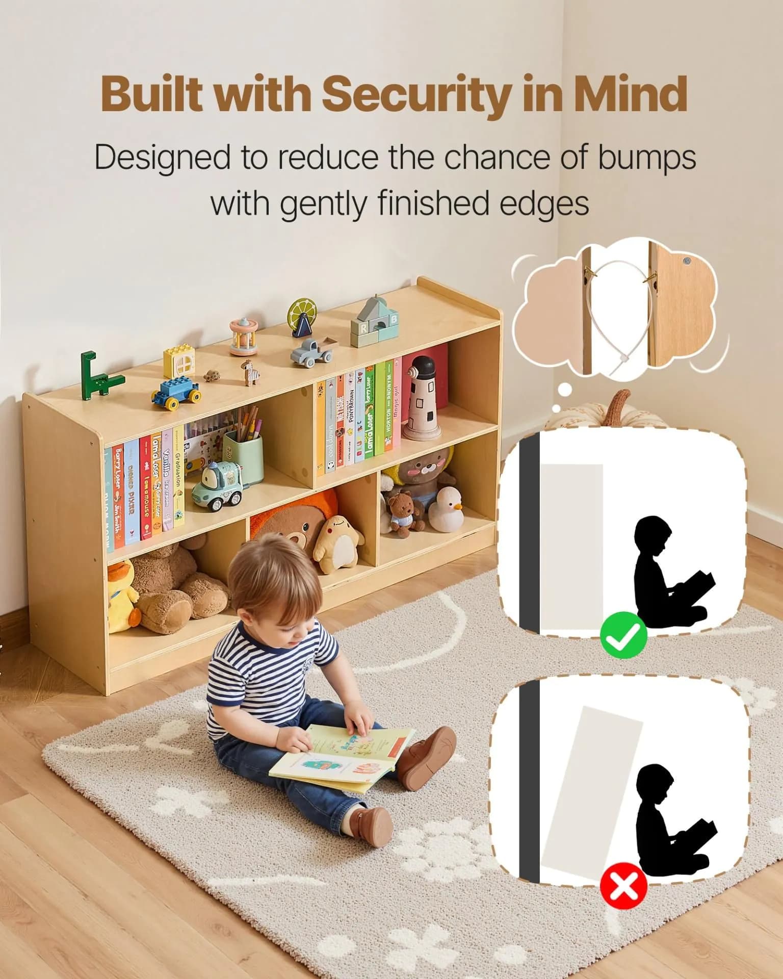 image-VEVOR Montessori Bookshelf, 45 in Width Toy Storage Organizer, 5-Section Kids Display Storage Cabinet, Daycare Furniture, Kids Bookshelf for Bedroom, Nursery, Living Room, Entryway, Preschool, Brown