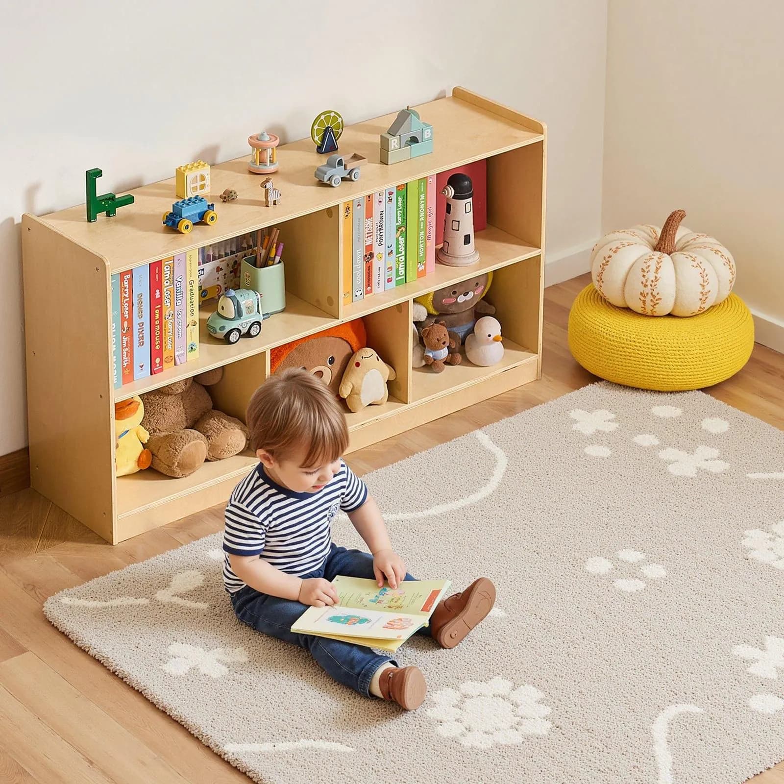 image-VEVOR Montessori Bookshelf, 45 in Width Toy Storage Organizer, 5-Section Kids Display Storage Cabinet, Daycare Furniture, Kids Bookshelf for Bedroom, Nursery, Living Room, Entryway, Preschool, Brown