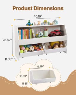 image-VEVOR Toy Storage Organizer, Wooden Kids Bookshelf with Storage, Toy Storage Cabinet with 2 Mobile Drawers, Kids Storage Organizer for Bedroom, Nursery, Living Room, Entryway, Preschool, White