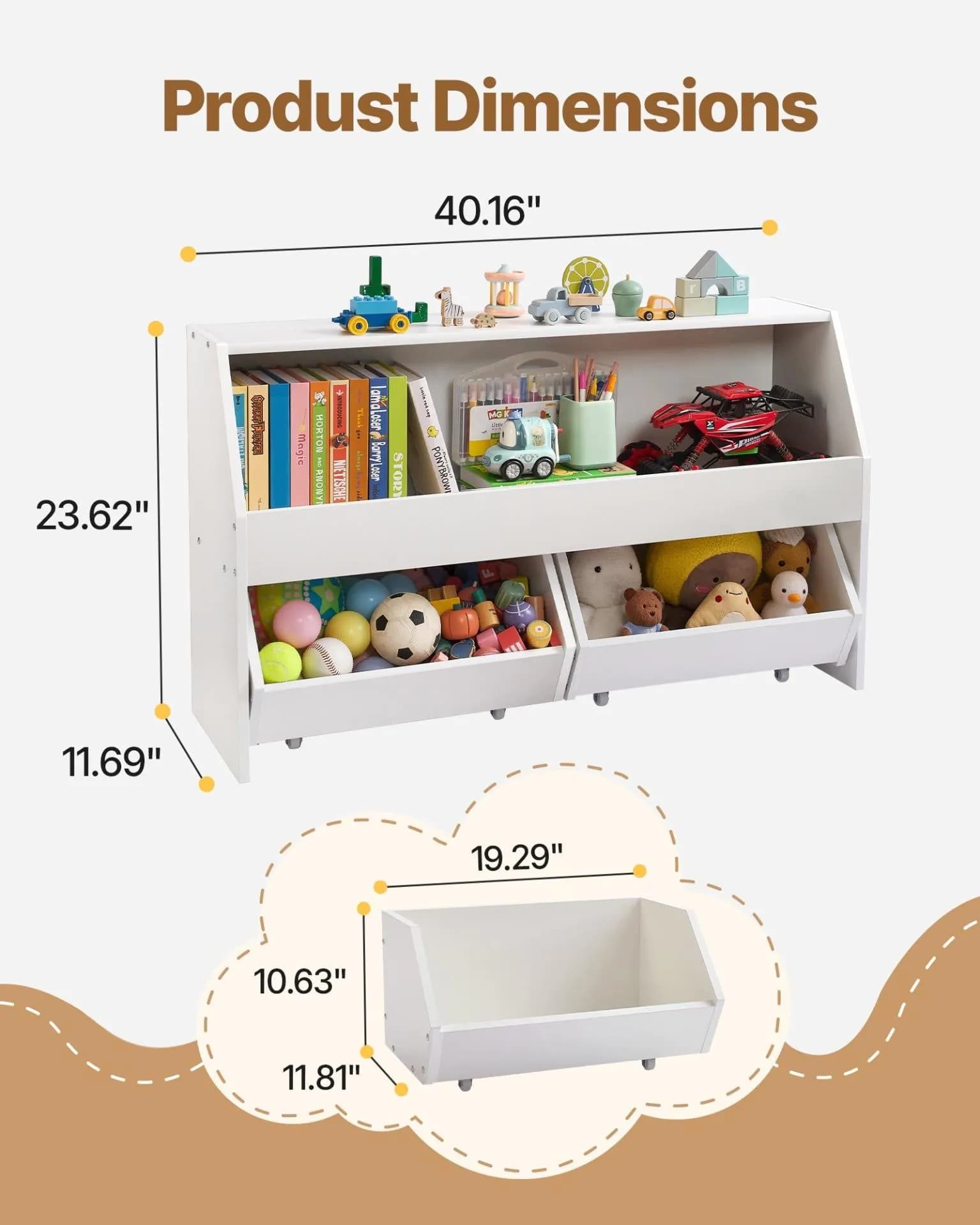 image-VEVOR Toy Storage Organizer, Wooden Kids Bookshelf with Storage, Toy Storage Cabinet with 2 Mobile Drawers, Kids Storage Organizer for Bedroom, Nursery, Living Room, Entryway, Preschool, White