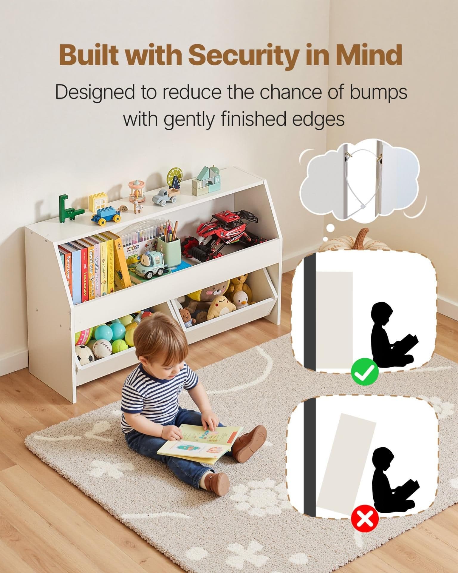 image-VEVOR Toy Storage Organizer, Wooden Kids Bookshelf with Storage, Toy Storage Cabinet with 2 Mobile Drawers, Kids Storage Organizer for Bedroom, Nursery, Living Room, Entryway, Preschool, White