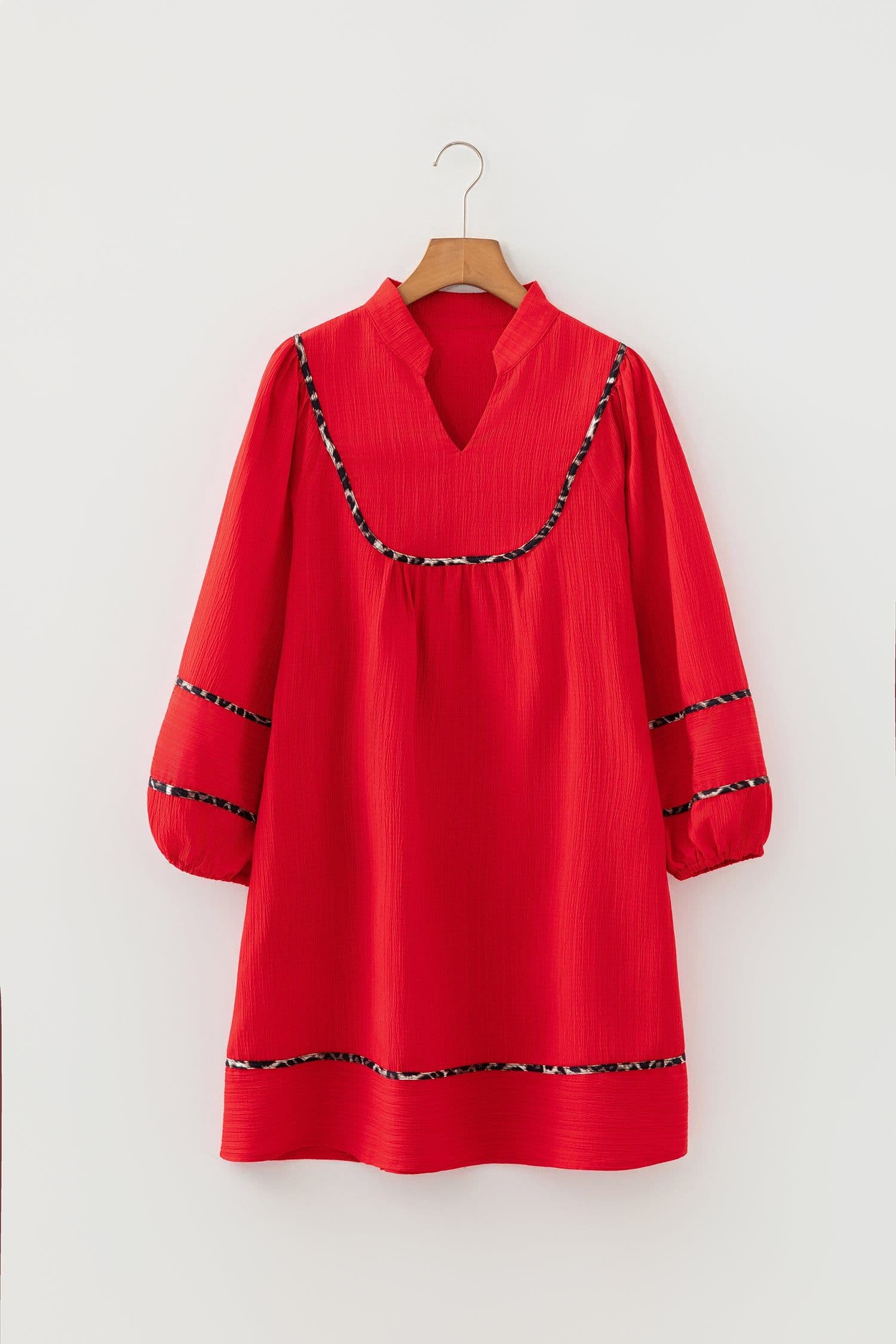 image-Fiery Red Textured V Neck Leopard Trim Shift Mini Dress