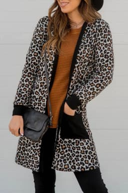 image-Leopard Patched Pocket Open Front Cardigan - Black