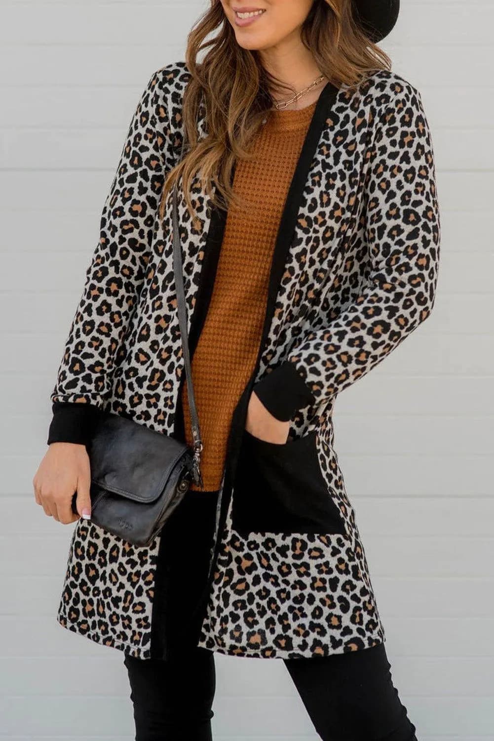 image-Leopard Patched Pocket Open Front Cardigan - Black