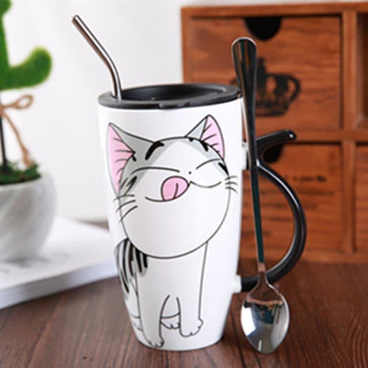 image-Cute Cat Ceramic Mug With Lid And Spoon Large Capacity Coffee Cup