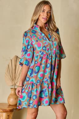 image-Green Leopard Print Bubble Sleeve Ruffled Mini Dress