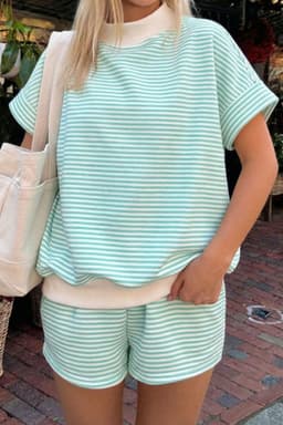 image-Sky Blue Stripe Cuffed Sleeve Contrast Mock Neck Tee Casual 2pcs Short Set