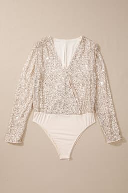 image-Beige Sequin Long Sleeve Wrap V Neck Bodysuit