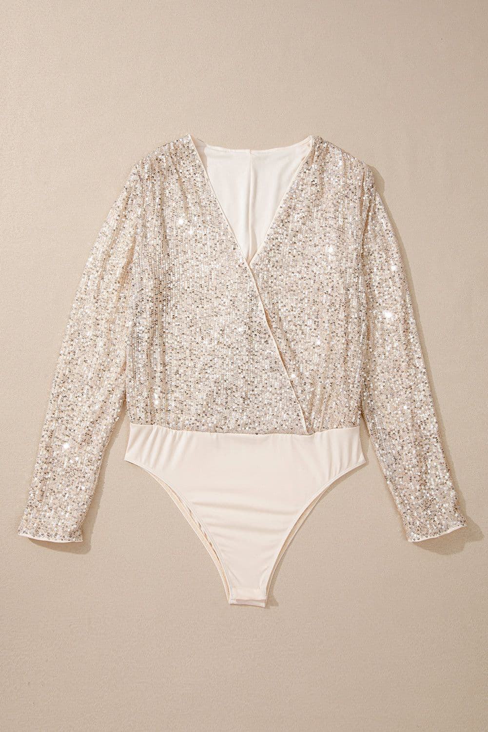 image-Beige Sequin Long Sleeve Wrap V Neck Bodysuit