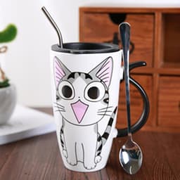 image-Cute Cat Ceramic Mug With Lid And Spoon Large Capacity Coffee Cup