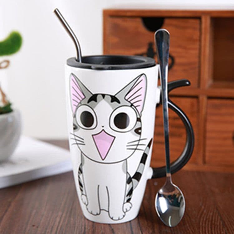 image-Cute Cat Ceramic Mug With Lid And Spoon Large Capacity Coffee Cup