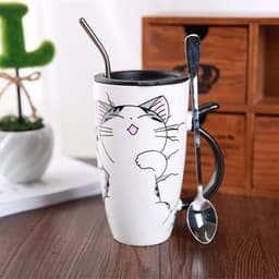 image-Cute Cat Ceramic Mug With Lid And Spoon Large Capacity Coffee Cup