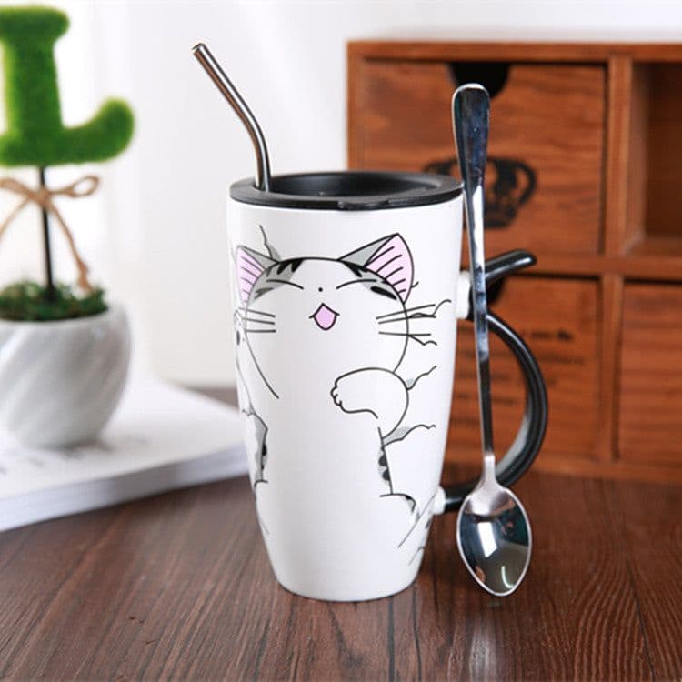 image-Cute Cat Ceramic Mug With Lid And Spoon Large Capacity Coffee Cup