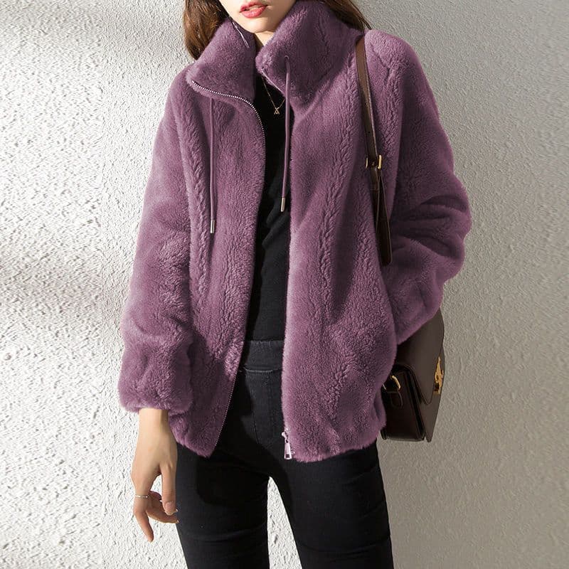 image-Double Faced Fleece Warm High Neck Sweater Women Cardigan