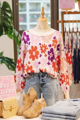 image-Khaki Fall Floral Pattern Drop Shoulder Sweater