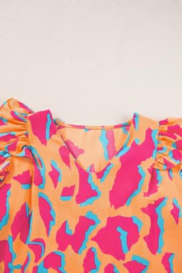 image-Abstract Print V-Neck Blouse - Orange Ruffled Sleeves