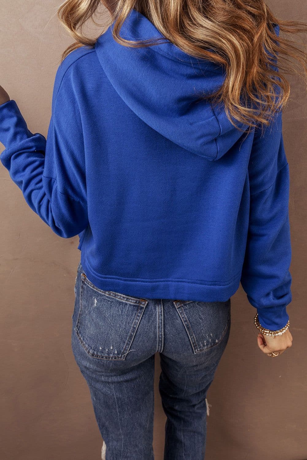 image-Dark Blue Cropped Hoodie Drop Shoulder Drawstring