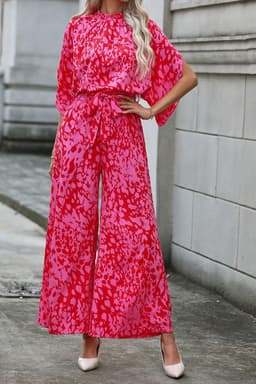 image-Leopard Print Wide Leg Jumpsuit - Rose Belted Loose Fit