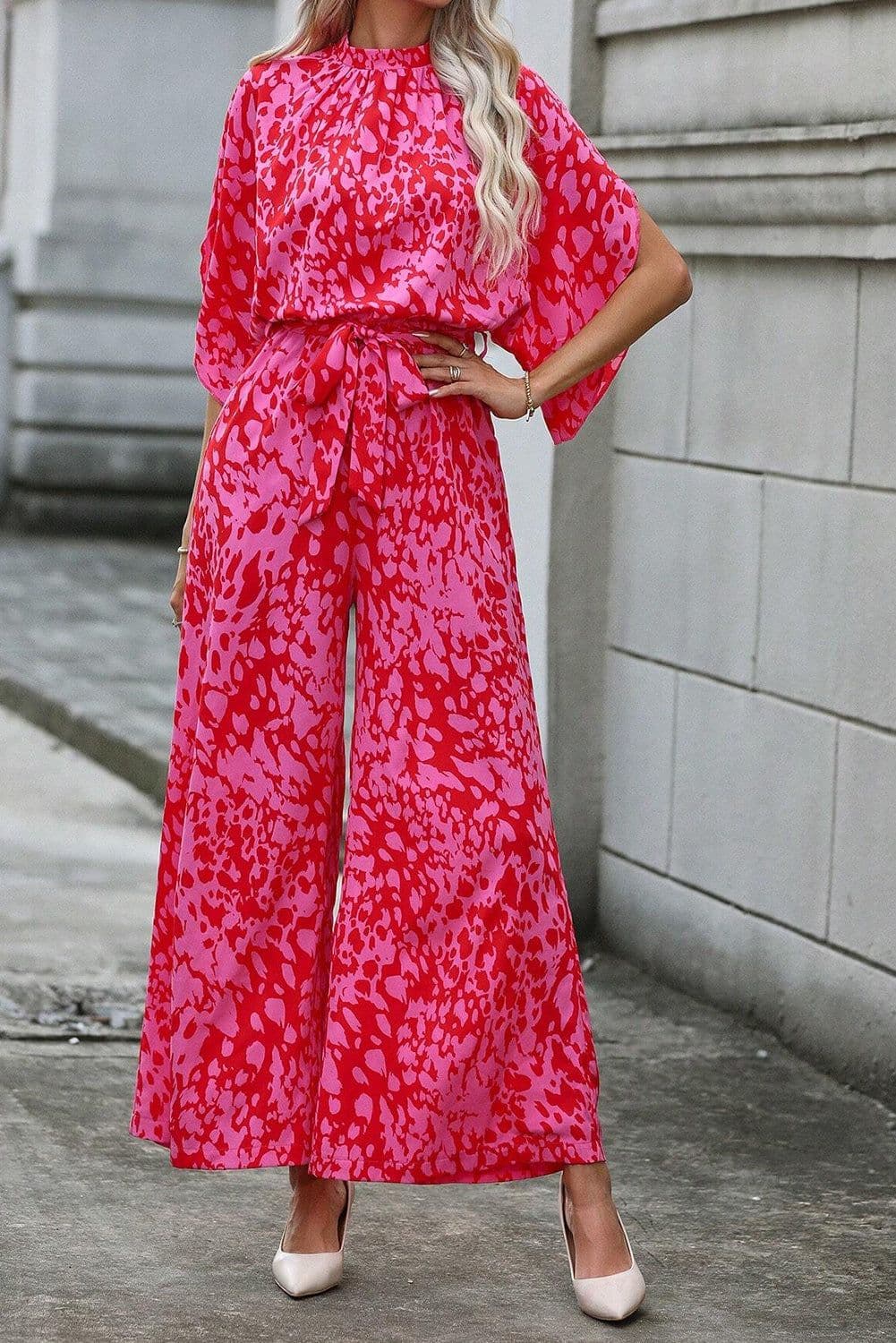 image-Leopard Print Wide Leg Jumpsuit - Rose Belted Loose Fit