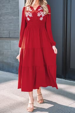 image-Racing Red Contrast Embroidered Detail Cinched Waist Tiered Long Sleeve Maxi Dress