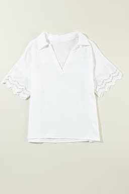 image-White Crinkled Lace Splicing V Neck Blouse