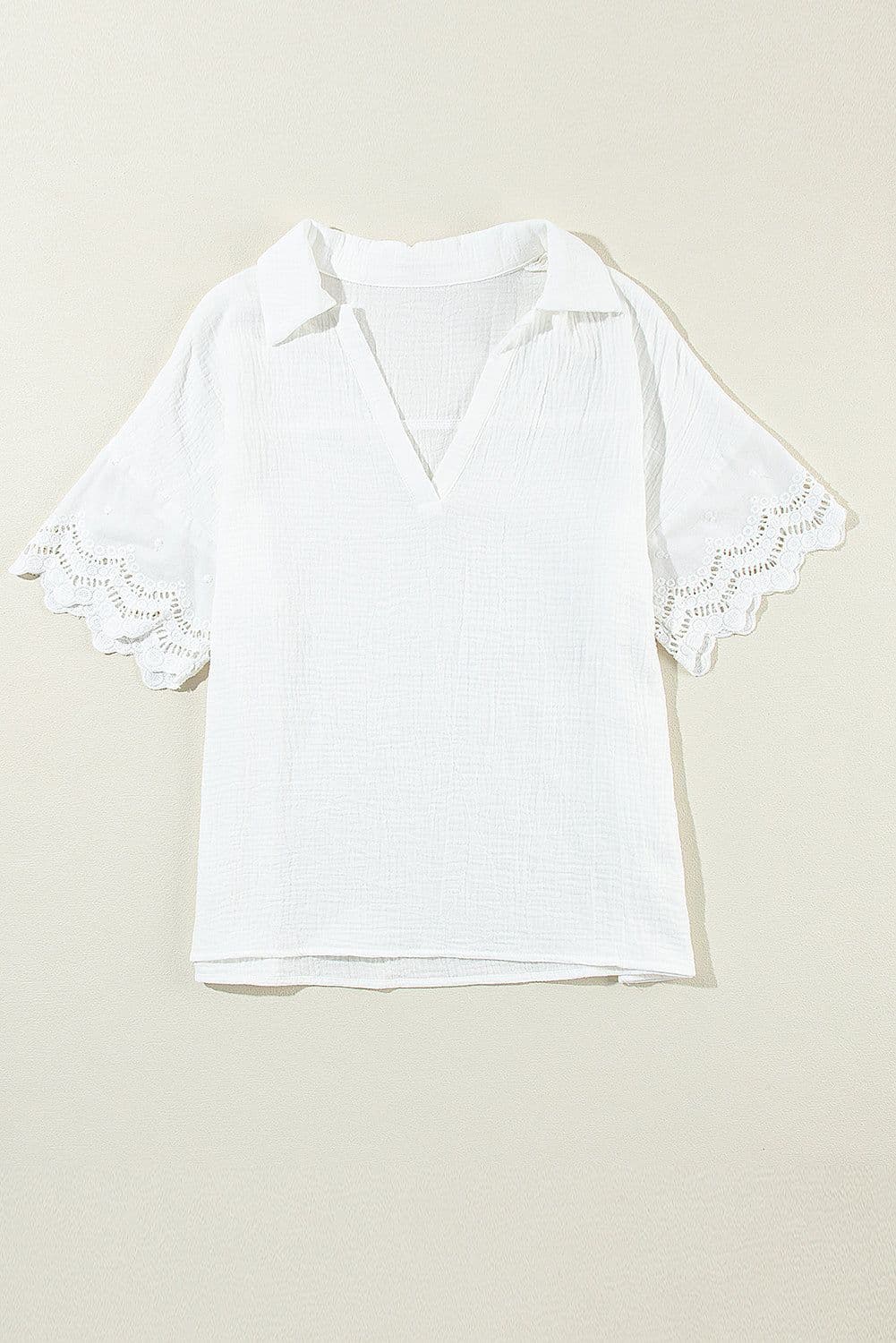 image-White Crinkled Lace Splicing V Neck Blouse