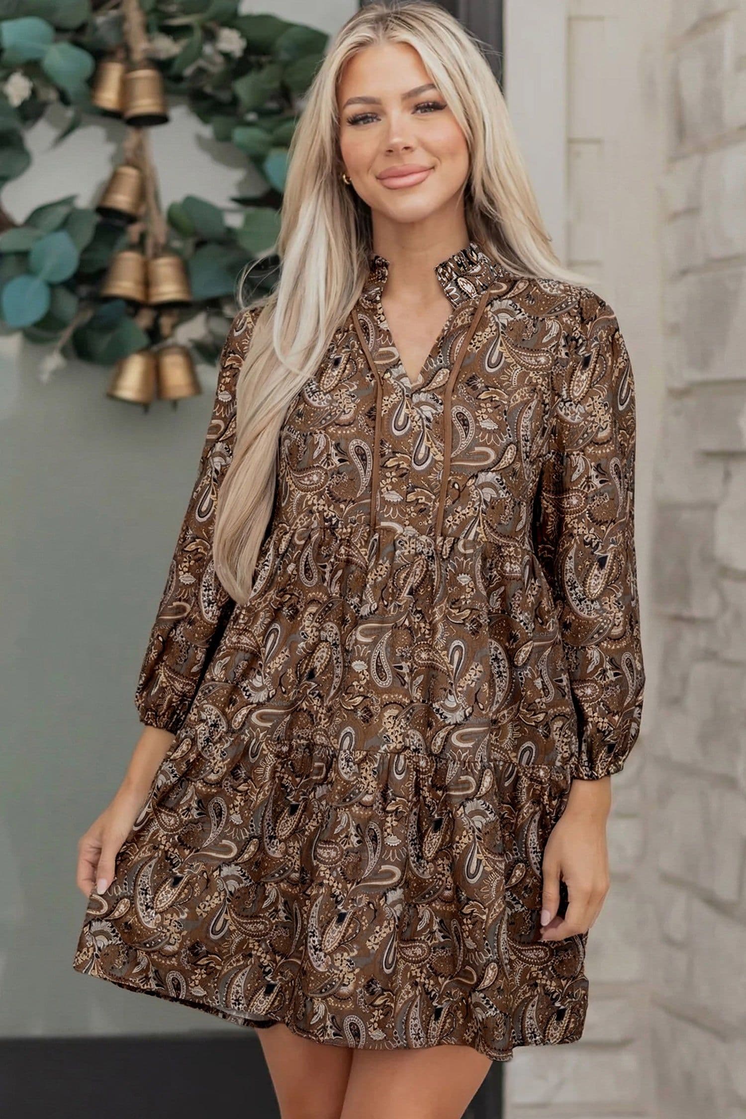 image-Paisley Print Half Buttons Puff Sleeve Short Dress - Flowy Boho Chic