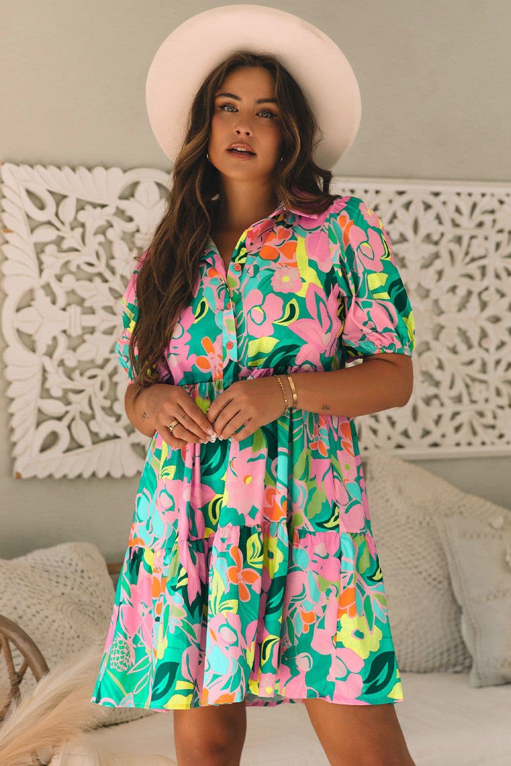 image-Green Floral Puff Sleeve Collar Buttoned Babydoll Dress