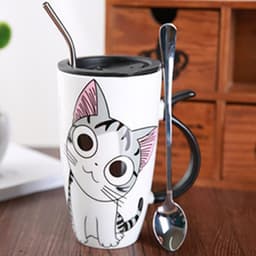 image-Cute Cat Ceramic Mug With Lid And Spoon Large Capacity Coffee Cup