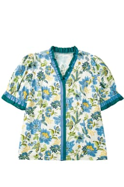 image-Sky Blue Plus Size Frilled V Neck Short Sleeve Floral Blouse