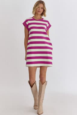 image-Rose Stripe Cap Sleeve Pocketed Shift T-shirt Dress